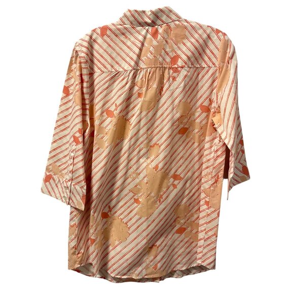 Roamans Sz 14W Button-Down Shirt 3/4 Sleeve Floral/Stripe Pattern Peach & White - Picture 9 of 12